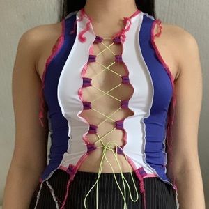 Blue white contrast stitch tank lace up crop top